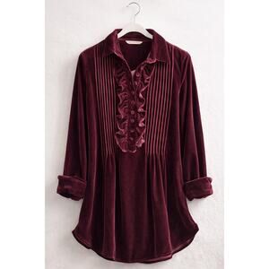 Soft Surroundings Burgundy Velvet Ruffle Blouse Women’s Lg Victorian Boho Tunic